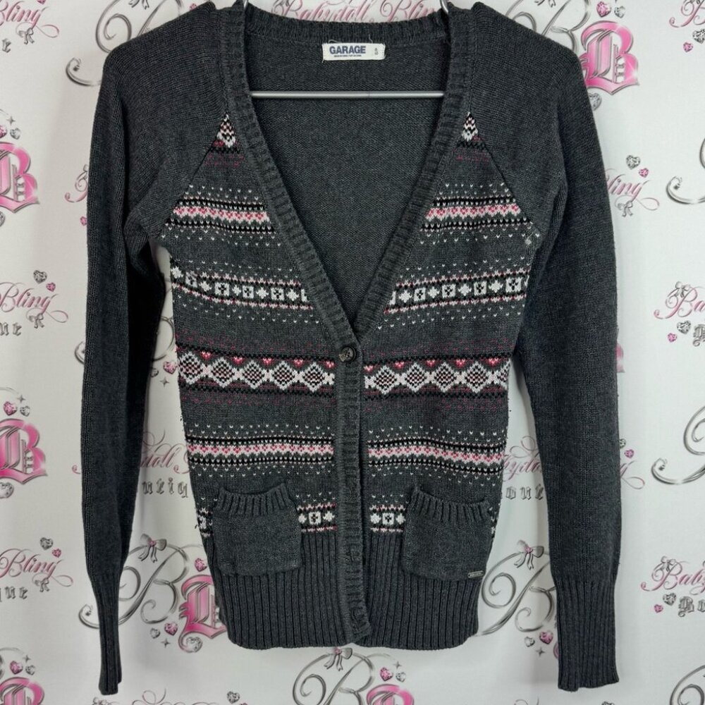 Garage cardigan button up knit hearts argyle Dark Gray Patterned Cardigan